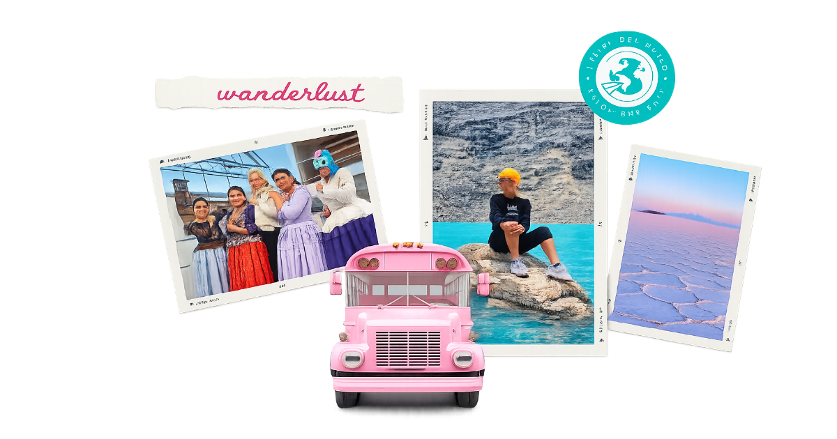 Wanderlust collage with cholitas, a pink Bolivia bus, Laguna Verde and Uyuni salt flats