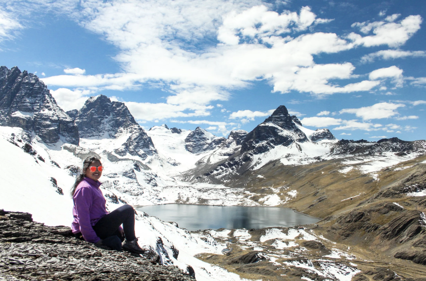 Snow-capped Condoriri peaks above a glacial lake in the Cordillera Real
