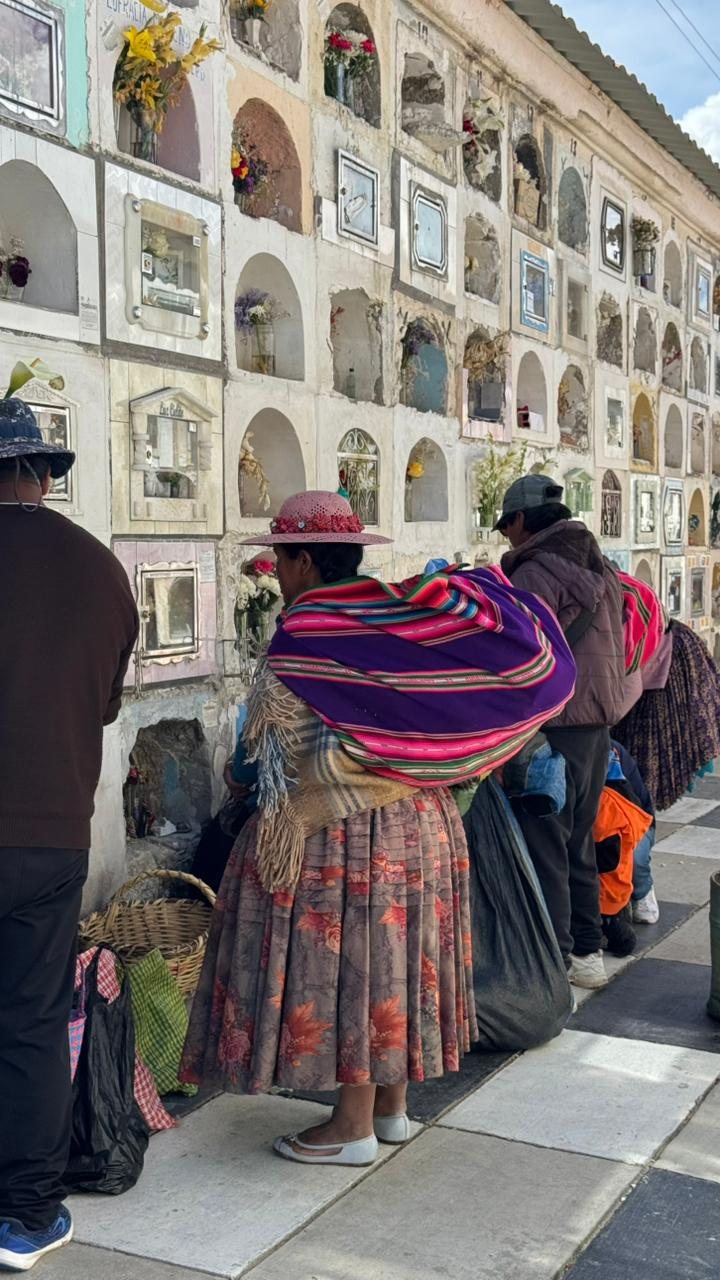Flowers, baskets and colourful aguayos among the niches of the Cementerio General in La Paz