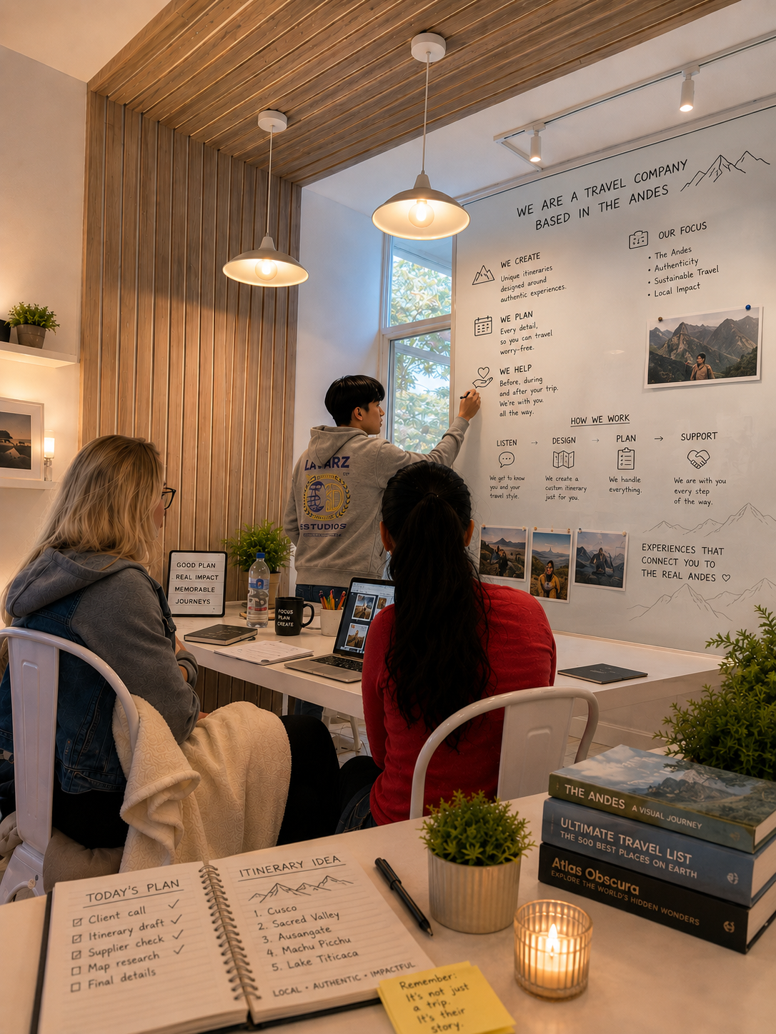 Our team planning a custom Andes itinerary with travelers in the La Paz office