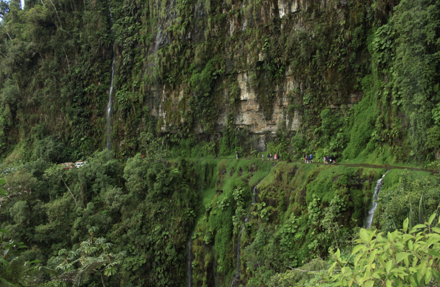 Waterfalls spilling over a jungle cliff along a road in the Yungas