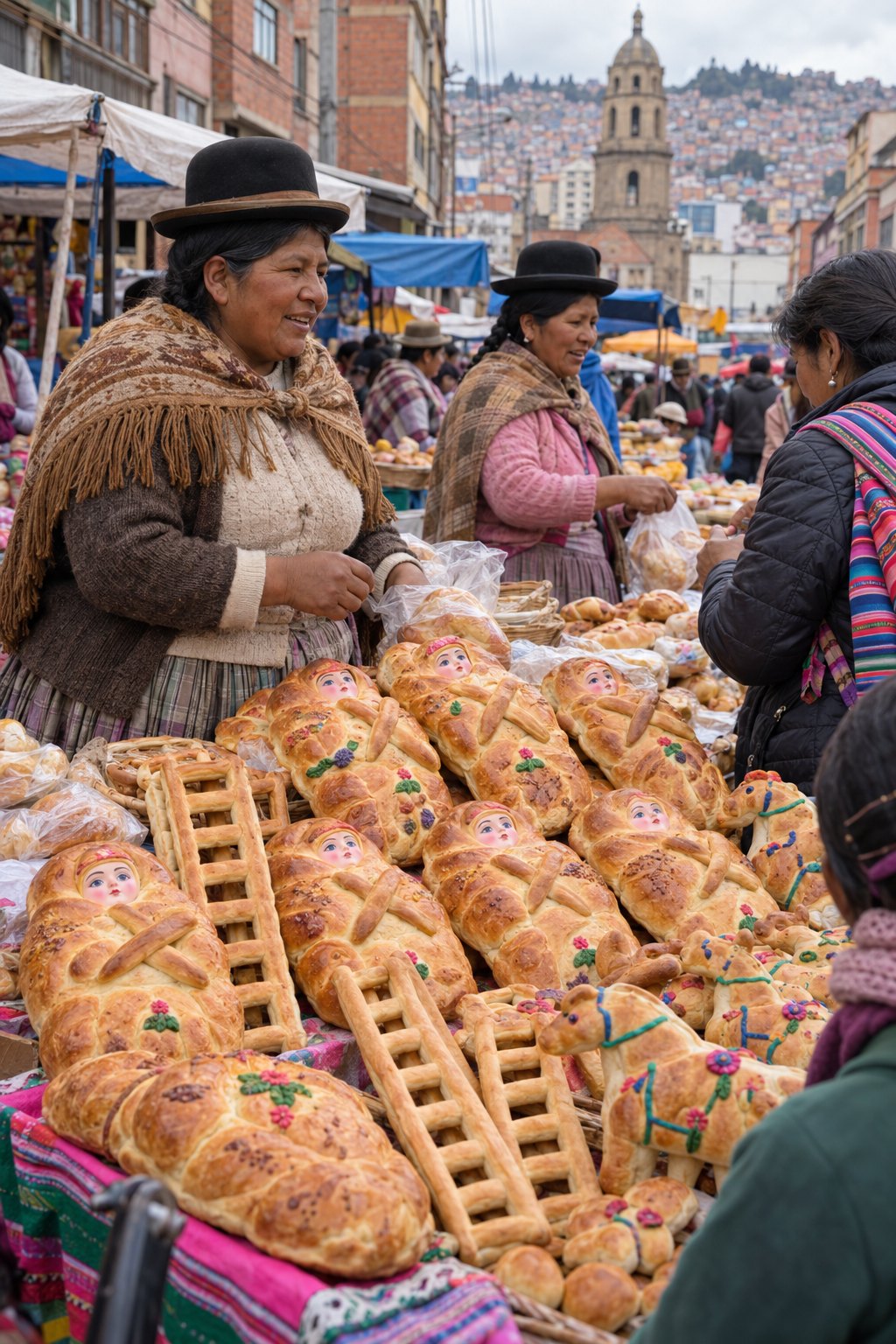 Tantawawas, bread ladders and bread horses at a Todos Santos market stall in La Paz