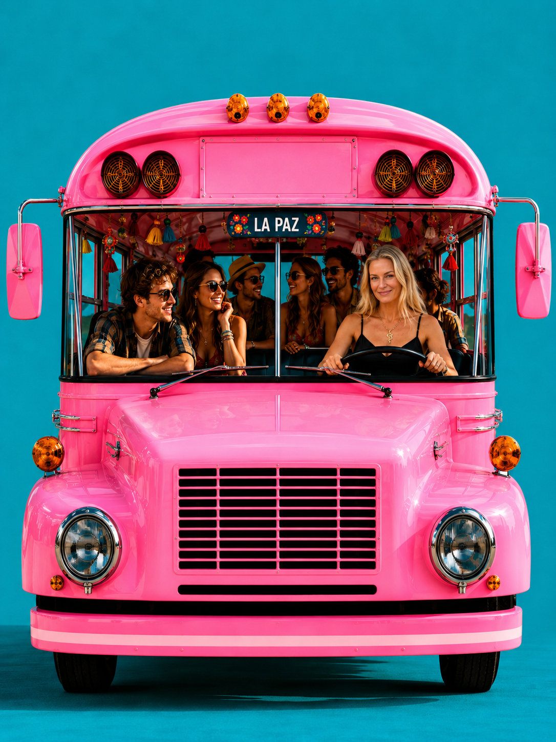 Friends riding a bright pink La Paz bus