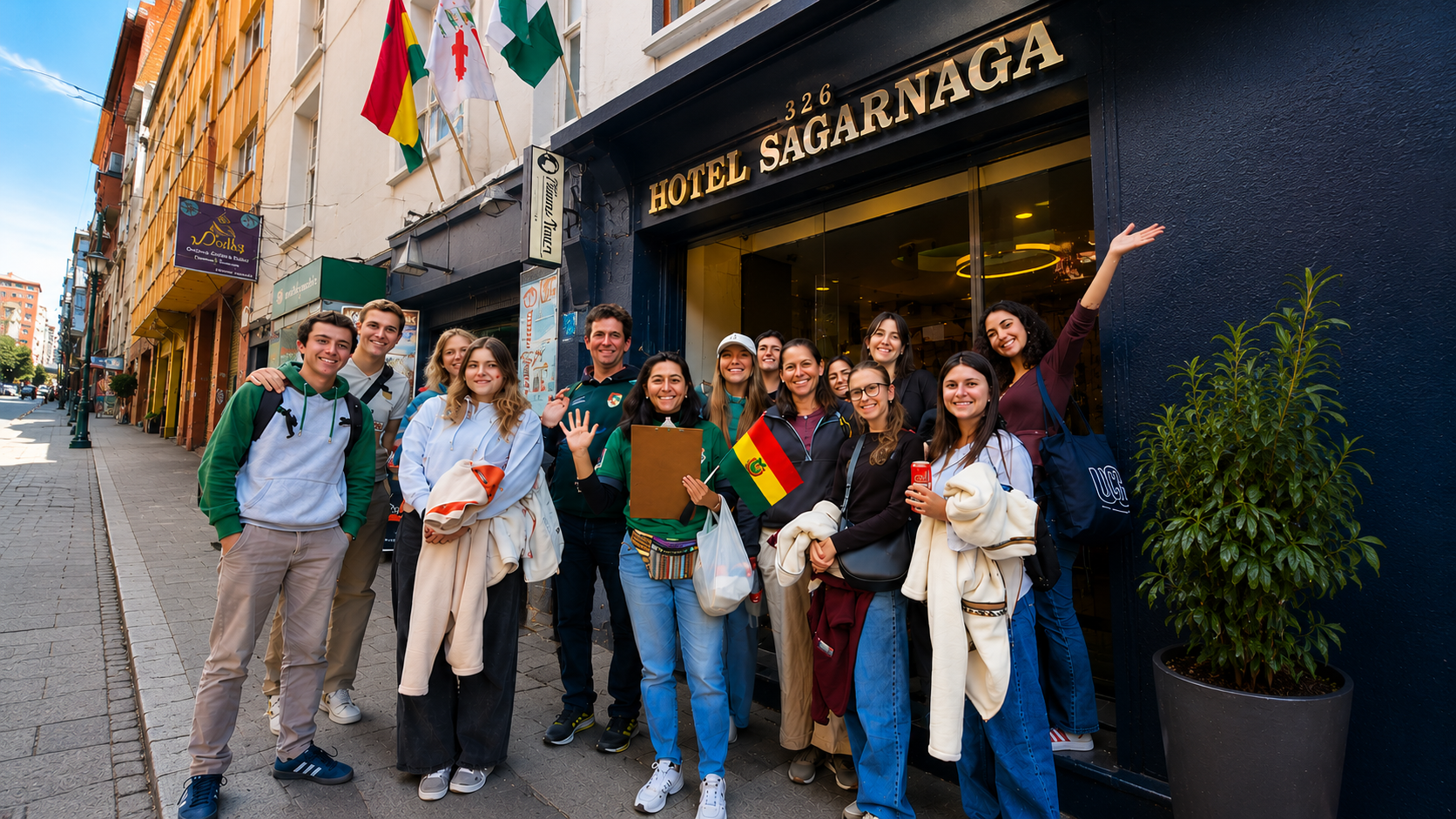 Travelers gathered with the Travel del Mundo team outside Hotel Sagárnaga in La Paz