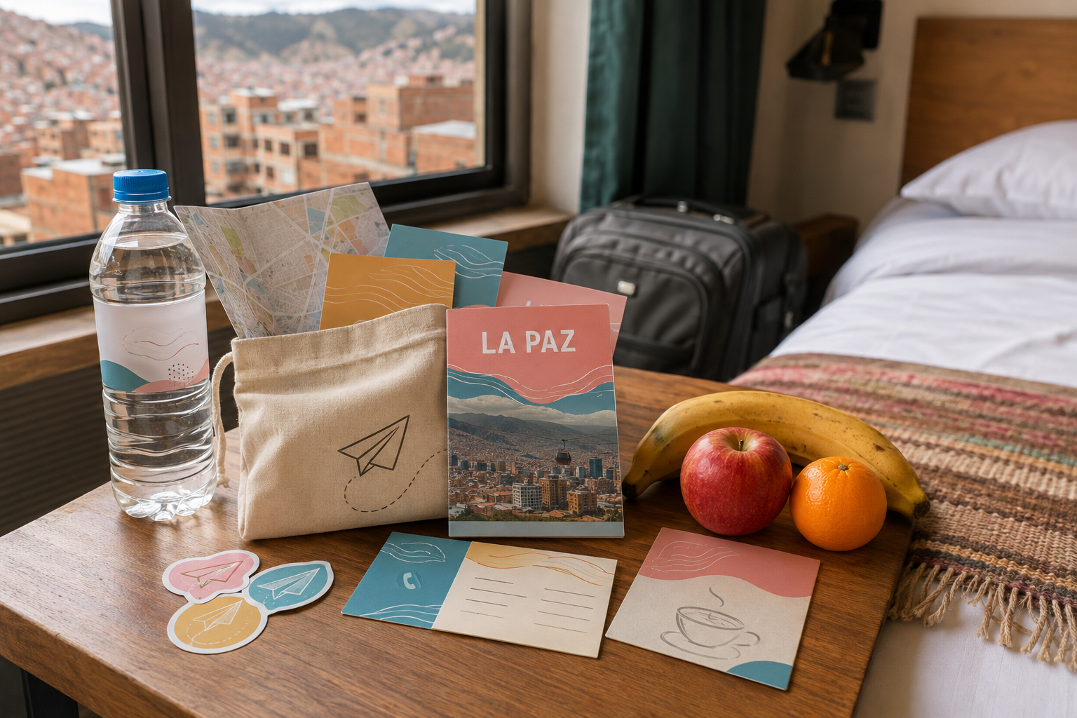 Travel del Mundo Welcome Package with La Paz guide, tote bag, water, fruit, and local tips