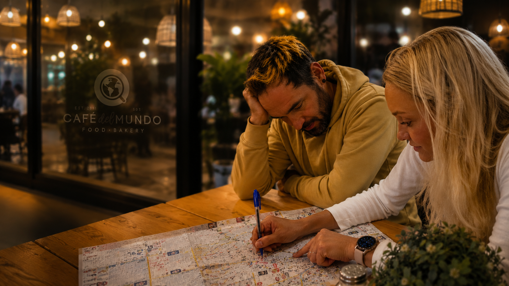 Two travelers planning their route over a city map at Café del Mundo in La Paz